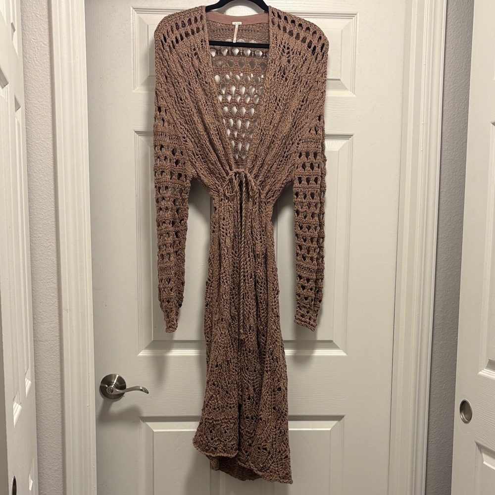 Free People Brown Crochet Cardigan Tie Front  Bohemian Style In Small
